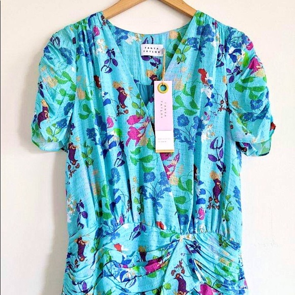 TANYA TAYLOR SILK ZORA RUCHED SHORT SLEEVE DRESS - Picture 3 of 12